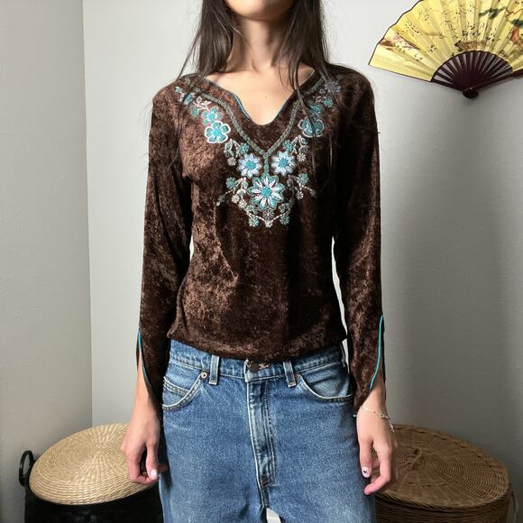 y2k boho brown velvet floral v neck flutter flare sleeve long sleeve top by mkm - Picture 5 of 7